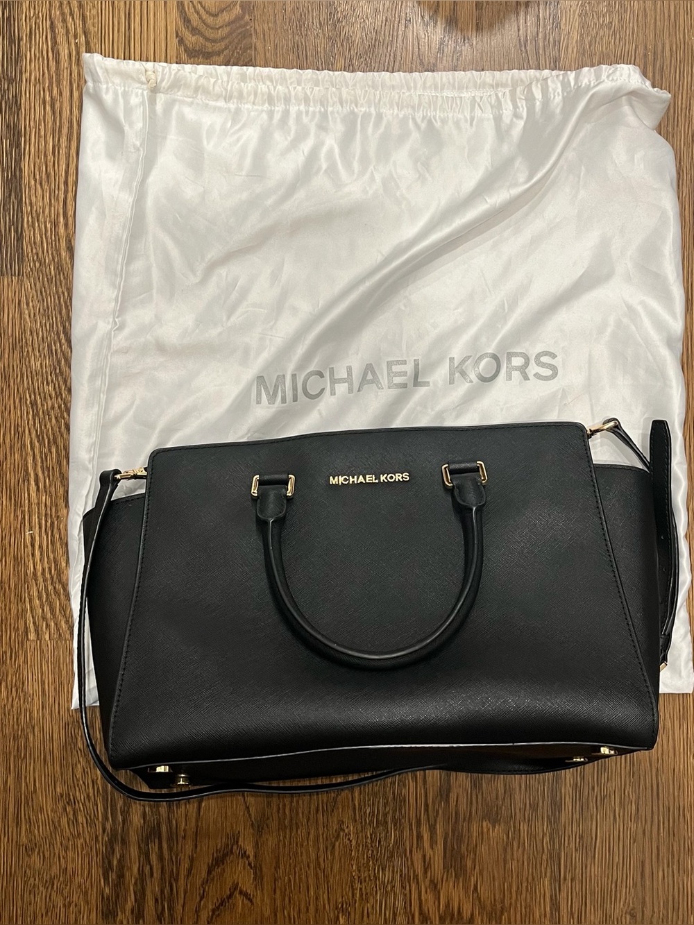 Michael Kors Selma Large Black Saffiano Leather Satchel with Gold Hardware